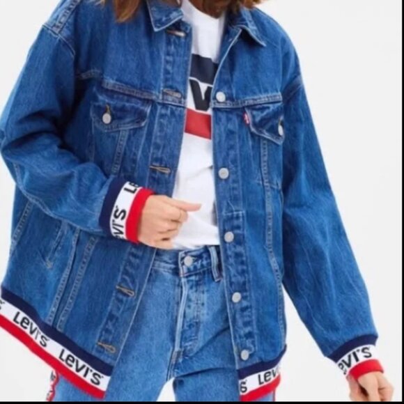Levi's Oversized Denim Premium Bomber Jacket Red White Blue Levi's Logo Ribbing - Picture 3 of 7